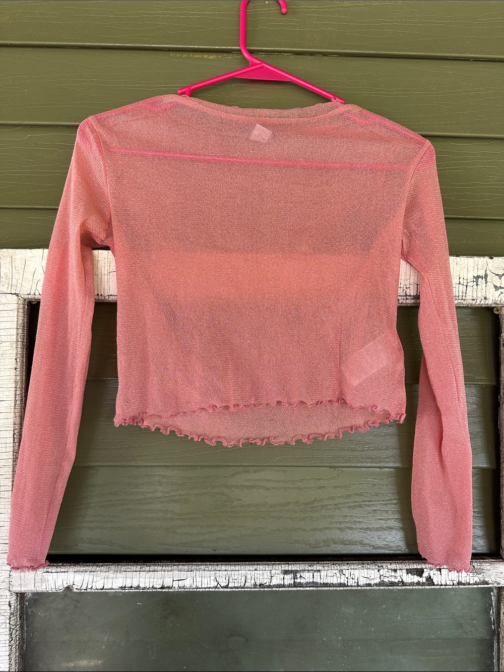 Girls Pink Sheer Mesh Metallic Shimmer Long Sleeve Lettuce Edge Crop Top